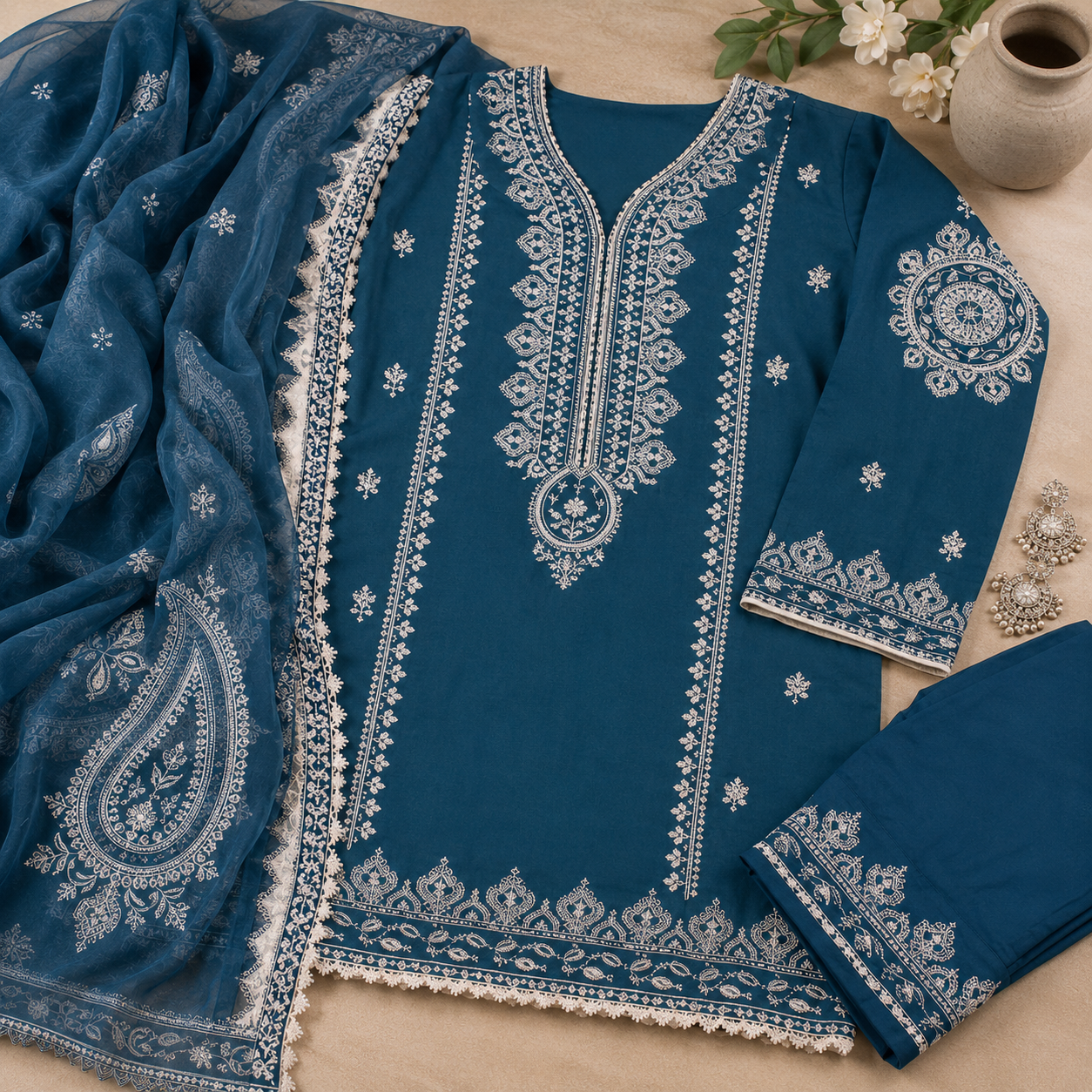 Teal Embroidered 3 Piece Unstitched Lawn Suit – image 3 of 3
