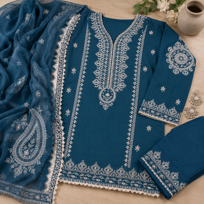 Teal Embroidered 3 Piece Unstitched Lawn Suit – image 3 of 3