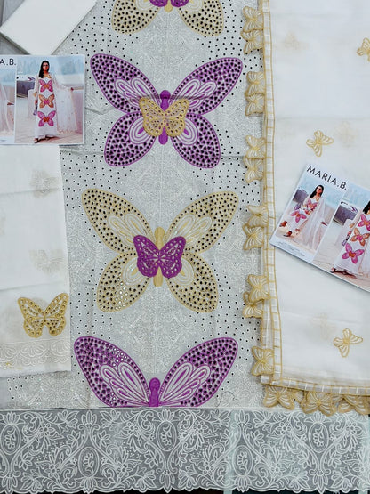 Butterfly 3D Embroidered 3 Piece Unstitched Lawn Suit with Khaadi Net Dupatta – image 4 of 6