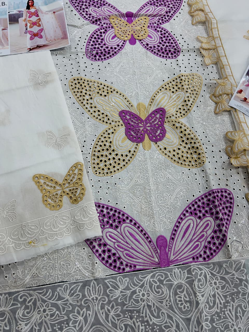 Butterfly 3D Embroidered 3 Piece Unstitched Lawn Suit with Khaadi Net Dupatta – image 6 of 6