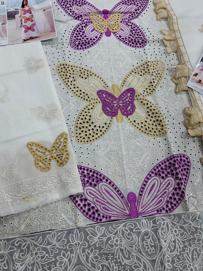 Butterfly 3D Embroidered 3 Piece Unstitched Lawn Suit with Khaadi Net Dupatta – image 6 of 6