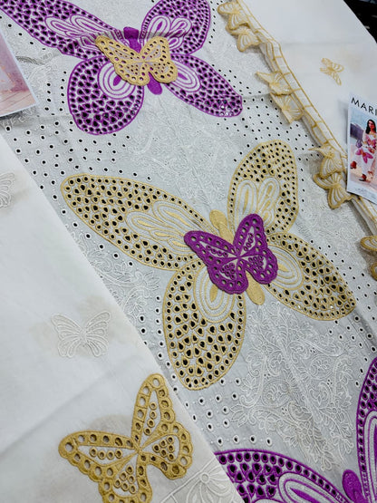 Butterfly 3D Embroidered 3 Piece Unstitched Lawn Suit with Khaadi Net Dupatta – image 5 of 6