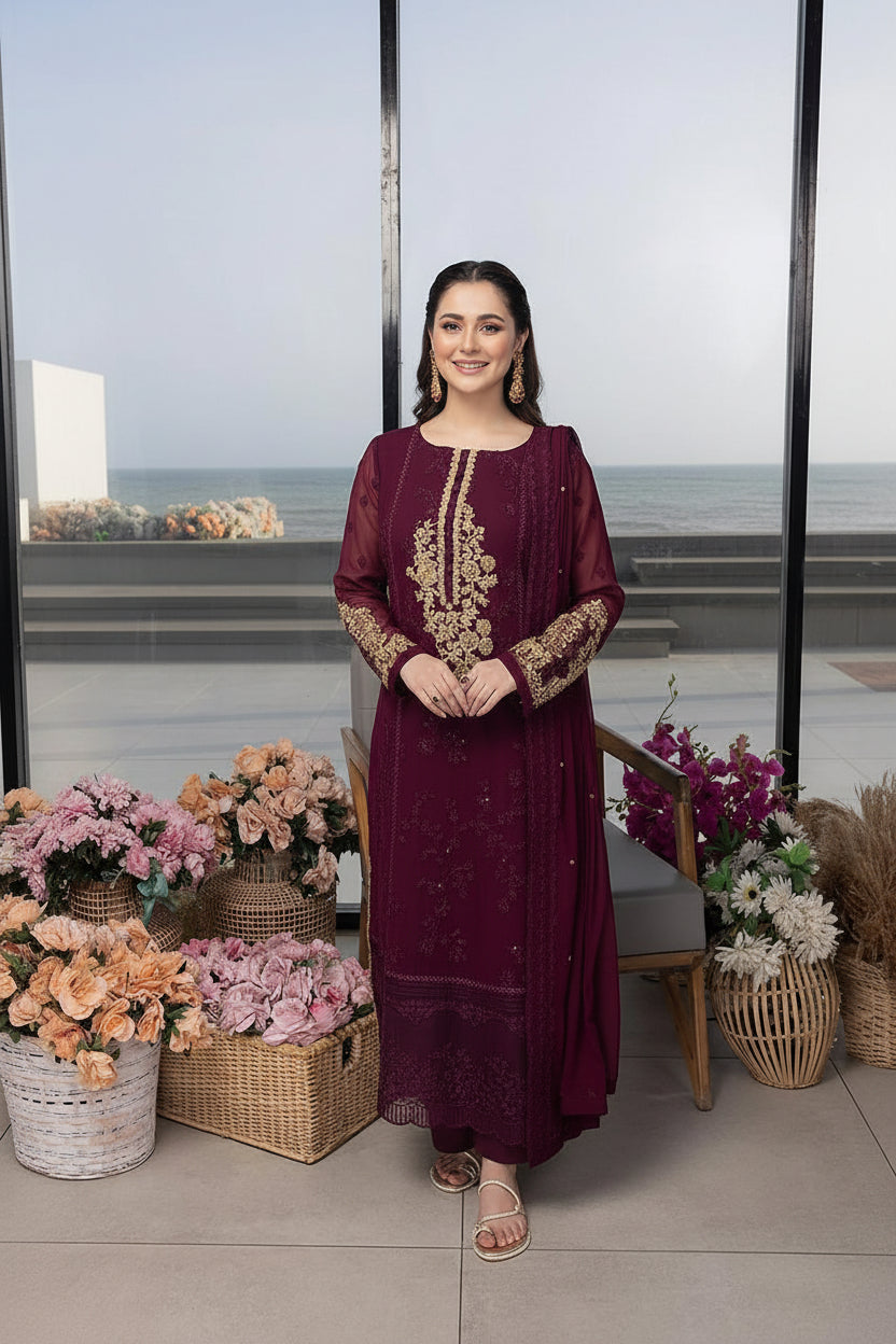 3 Piece Maroon Heavy Embroidered Chiffon Suit with Chiffon Dupatta – image 1 of 3