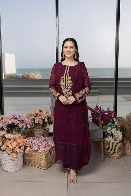 3 Piece Maroon Heavy Embroidered Chiffon Suit with Chiffon Dupatta – image 1 of 3