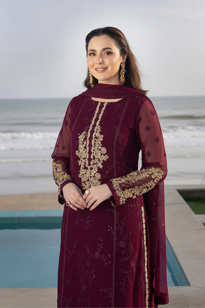 3 Piece Maroon Heavy Embroidered Chiffon Suit with Chiffon Dupatta – image 2 of 3