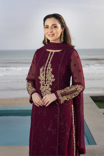 3 Piece Maroon Heavy Embroidered Chiffon Suit with Chiffon Dupatta – image 2 of 3