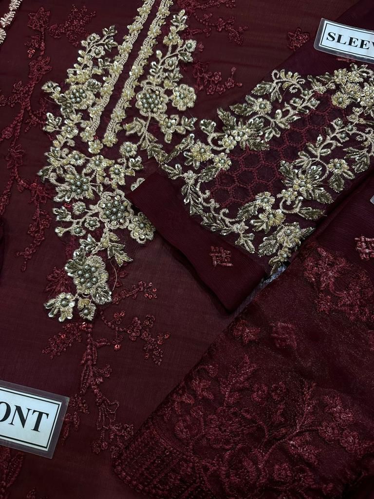3 Piece Maroon Heavy Embroidered Chiffon Suit with Chiffon Dupatta – image 3 of 3