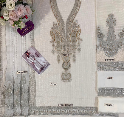 Ivory Heavy Embroidered Adda Work Chiffon 3 Piece Suit – Inspired by Maria B