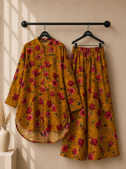 Mustard Rose Floral Printed 2 Piece Co-ord Set