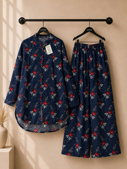 Navy Rose Trellis Printed 2 Piece Co-ord Set