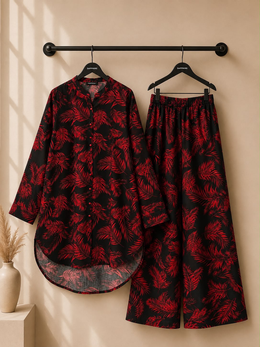 Black Red Feather Printed 2 Piece Co-ord Set