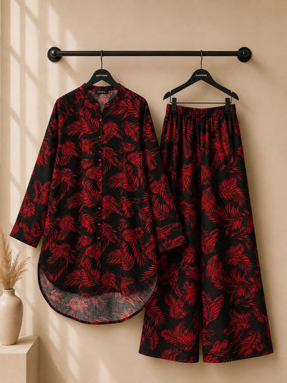 Black Red Feather Printed 2 Piece Co-ord Set