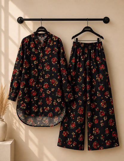 Black Gold Rose Printed 2 Piece Co-ord Set