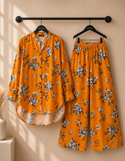 Rust Grey Floral Printed 2 Piece Co-ord Set