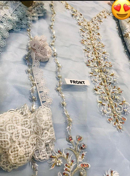 Powder Blue Heavy Embroidered Adda Work Organza Suit – Inspired by Mushq