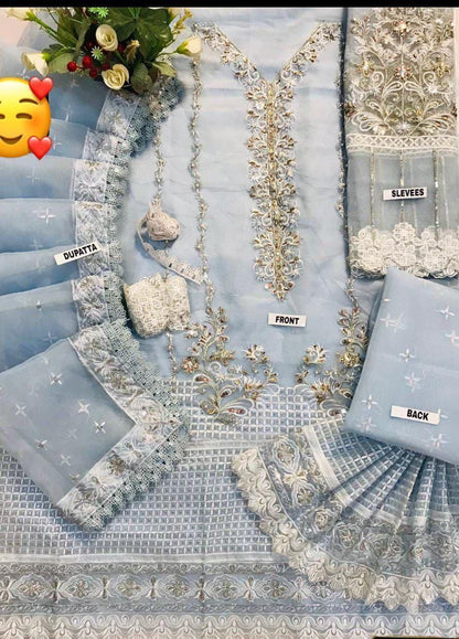 Powder Blue Heavy Embroidered Adda Work Organza Suit – Inspired by Mushq
