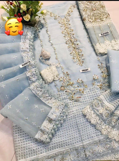 Powder Blue Heavy Embroidered Adda Work Organza Suit – Inspired by Mushq