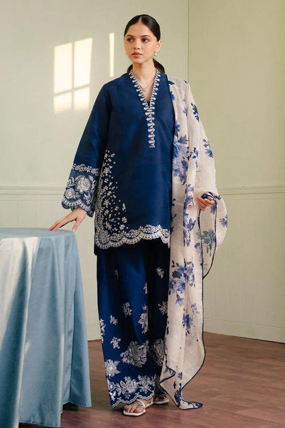 Zara Shahjahan Navy Blue Dhanak Embroidered Unstitched 3 Piece Suit