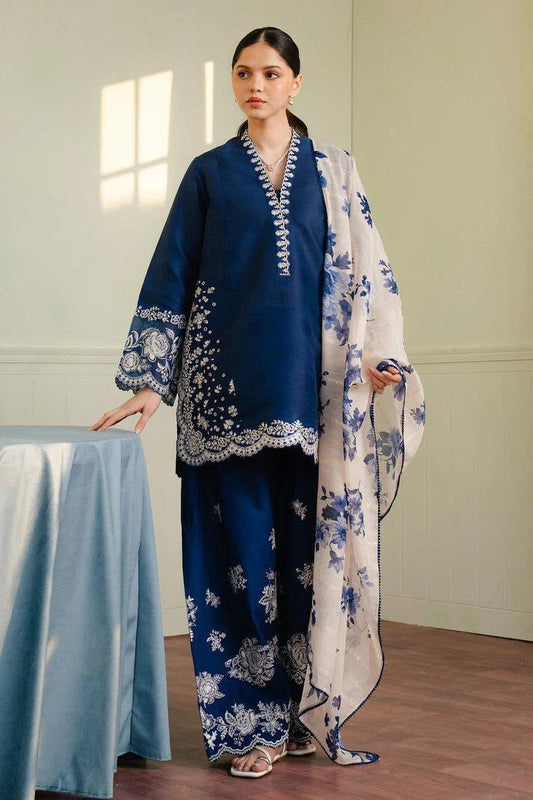 Zara Shahjahan Navy Blue Dhanak Embroidered Unstitched 3 Piece Suit