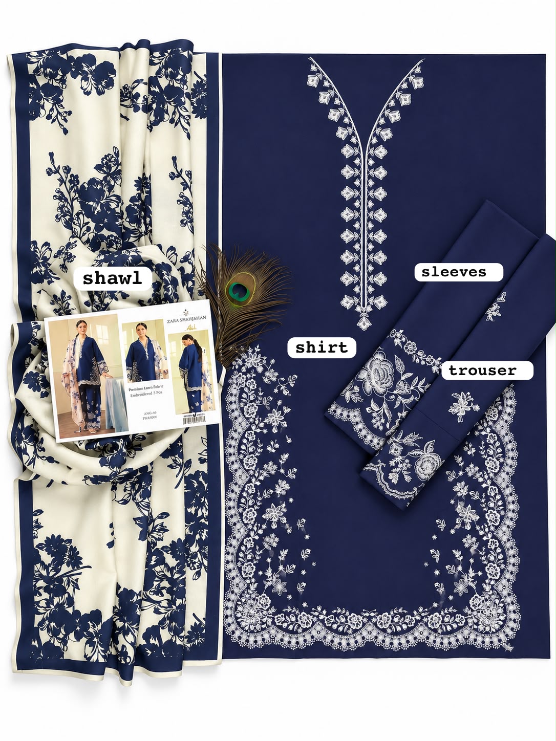 Zara Shahjahan Navy Blue Dhanak Embroidered Unstitched 3 Piece Suit