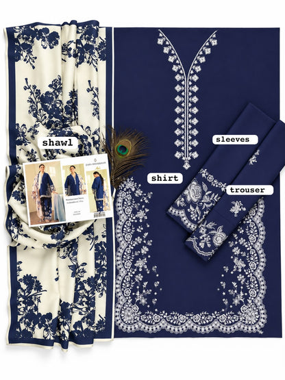Zara Shahjahan Navy Blue Dhanak Embroidered Unstitched 3 Piece Suit
