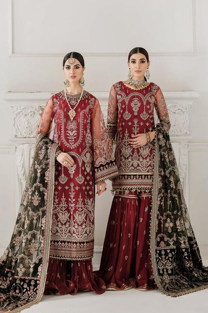 Baroque Chantelle Maroon Green Heavy Embroidered Spangle Work Net 3 Piece Suit