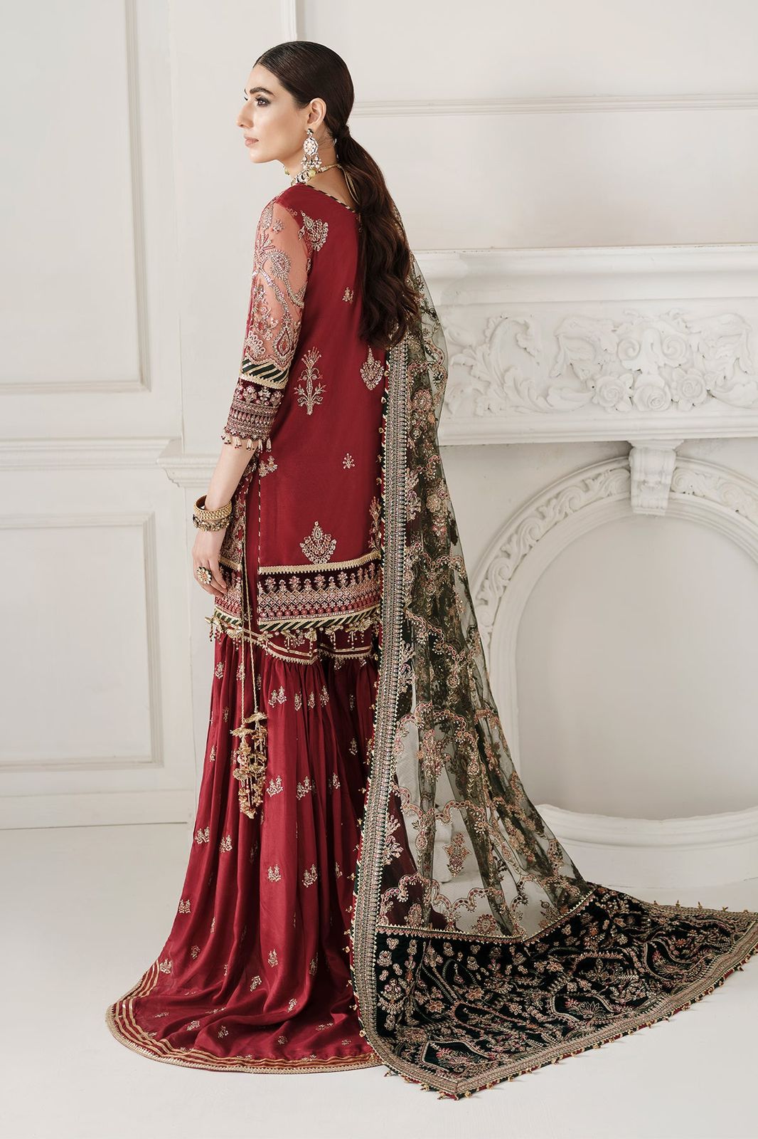 Baroque Chantelle Maroon Green Heavy Embroidered Spangle Work Net 3 Piece Suit