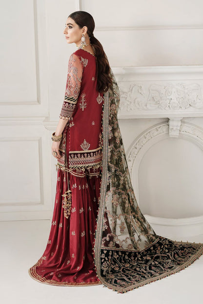 Baroque Chantelle Maroon Green Heavy Embroidered Spangle Work Net 3 Piece Suit