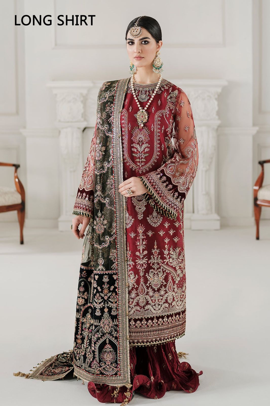 Baroque Chantelle Maroon Green Heavy Embroidered Spangle Work Net 3 Piece Suit