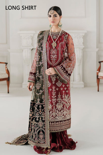 Baroque Chantelle Maroon Green Heavy Embroidered Spangle Work Net 3 Piece Suit
