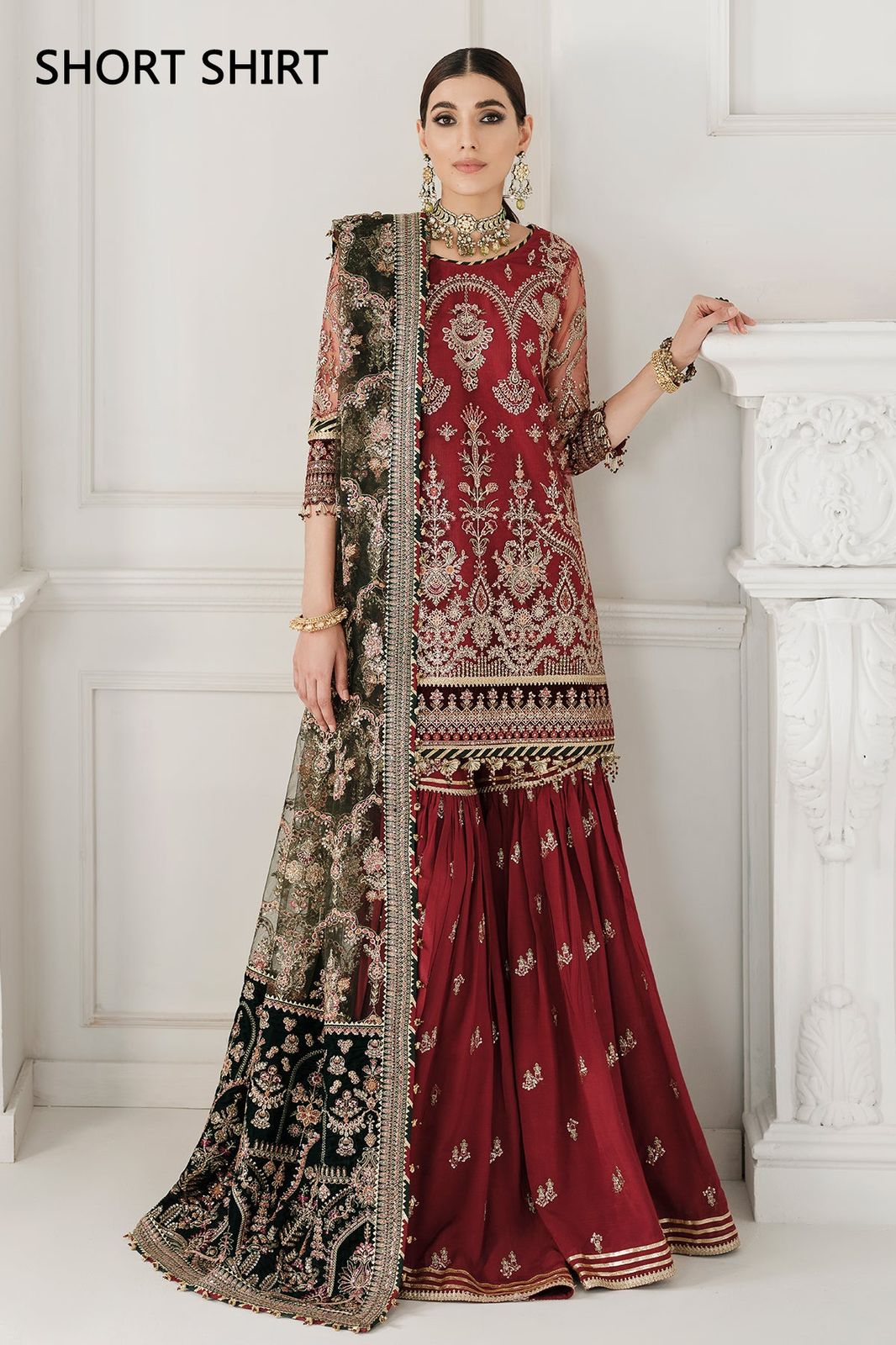 Baroque Chantelle Maroon Green Heavy Embroidered Spangle Work Net 3 Piece Suit