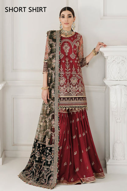 Baroque Chantelle Maroon Green Heavy Embroidered Spangle Work Net 3 Piece Suit