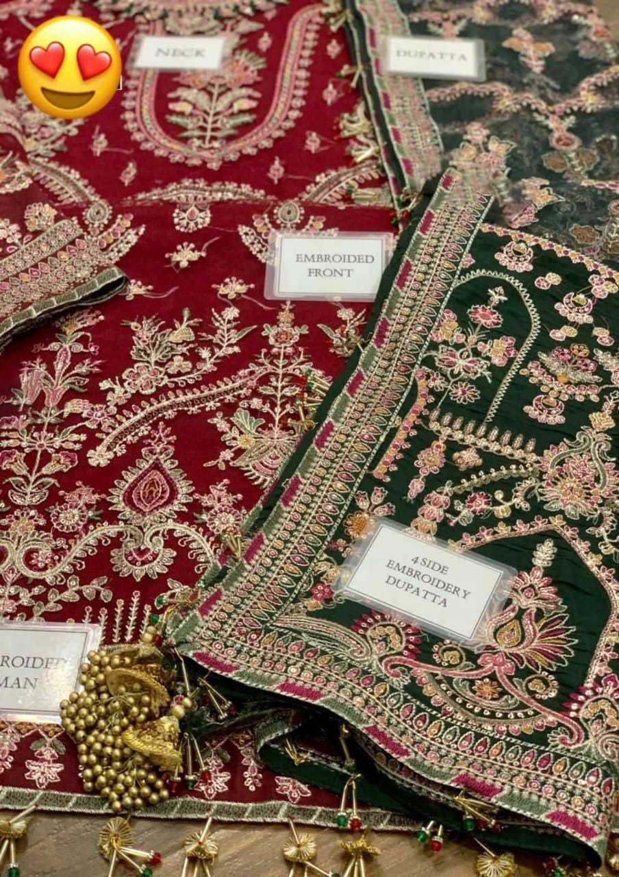 Baroque Chantelle Maroon Green Heavy Embroidered Spangle Work Net 3 Piece Suit