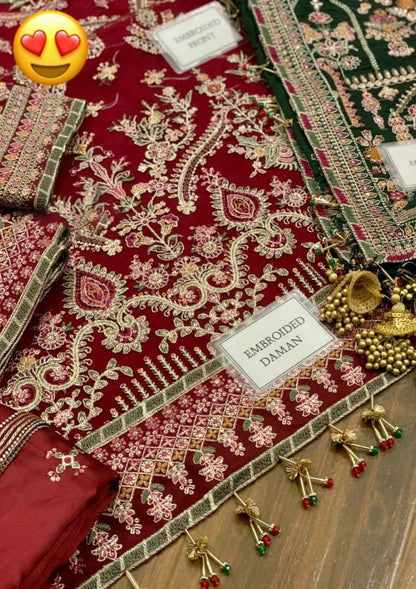 Baroque Chantelle Maroon Green Heavy Embroidered Spangle Work Net 3 Piece Suit