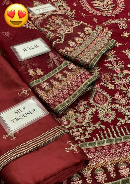 Baroque Chantelle Maroon Green Heavy Embroidered Spangle Work Net 3 Piece Suit