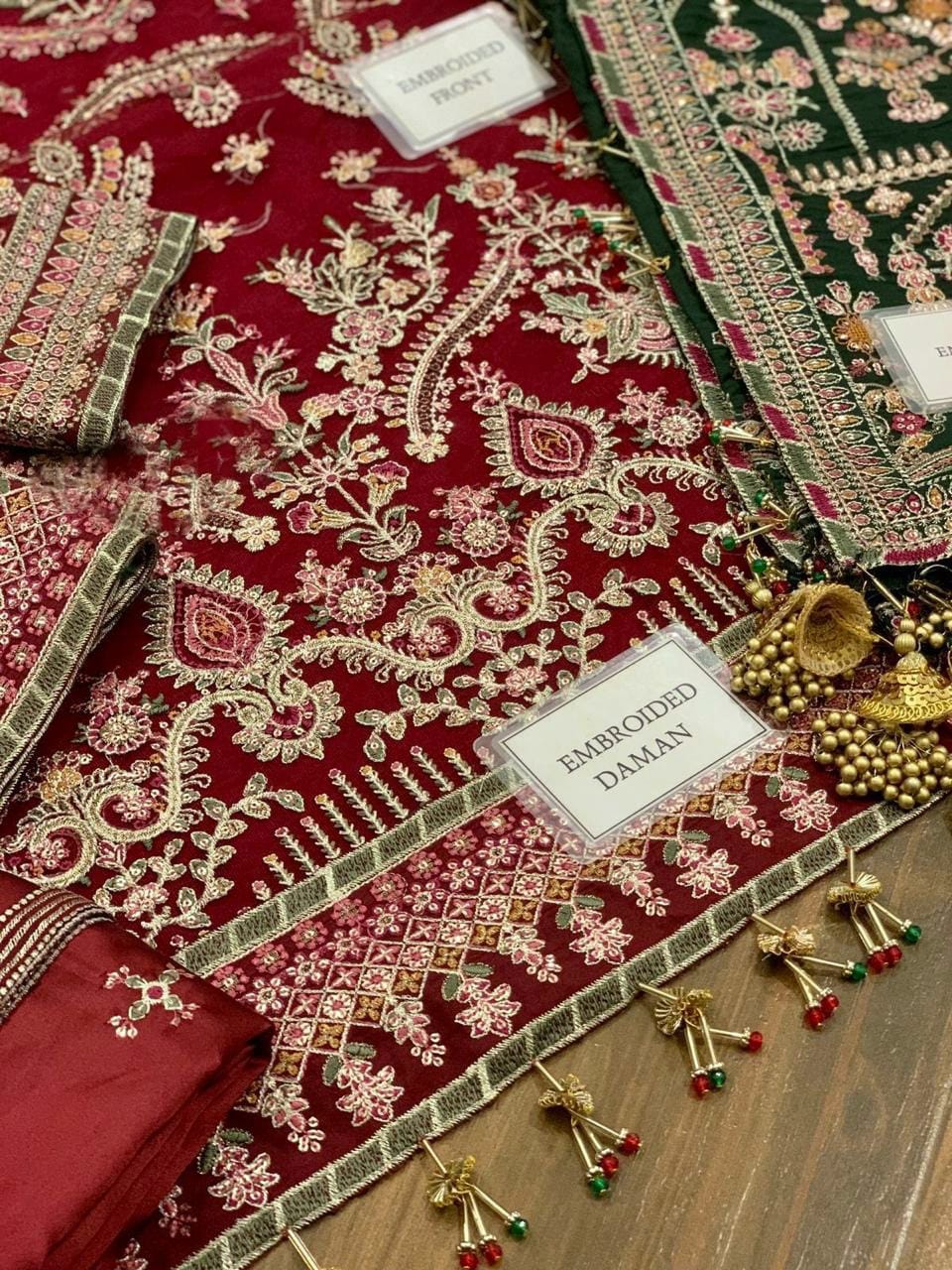 Baroque Chantelle Maroon Green Heavy Embroidered Spangle Work Net 3 Piece Suit