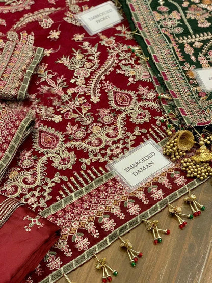 Baroque Chantelle Maroon Green Heavy Embroidered Spangle Work Net 3 Piece Suit
