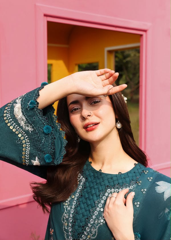 Ally's Teal Heavy Embroidered Unstitched Dhanak 3 Piece Suit with Wool Shawl – image 3 of 6
