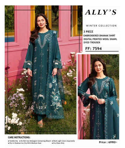 Ally's Teal Heavy Embroidered Unstitched Dhanak 3 Piece Suit with Wool Shawl – image 5 of 6