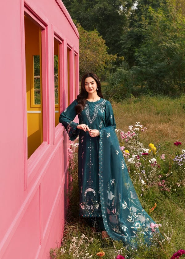 Ally's Teal Heavy Embroidered Unstitched Dhanak 3 Piece Suit with Wool Shawl – image 2 of 6