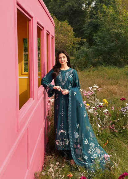 Ally's Teal Heavy Embroidered Unstitched Dhanak 3 Piece Suit with Wool Shawl – image 2 of 6