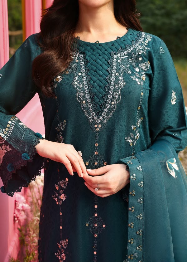 Ally's Teal Heavy Embroidered Unstitched Dhanak 3 Piece Suit with Wool Shawl – image 4 of 6