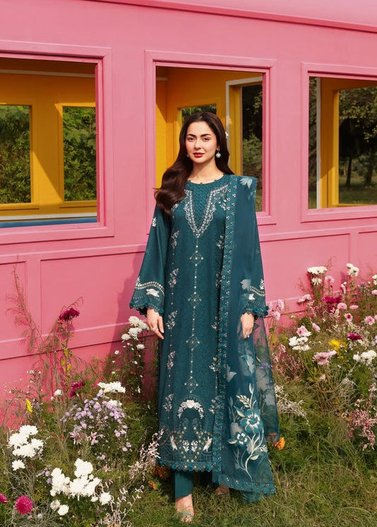 Ally's Teal Heavy Embroidered Unstitched Dhanak 3 Piece Suit with Wool Shawl – image 1 of 6