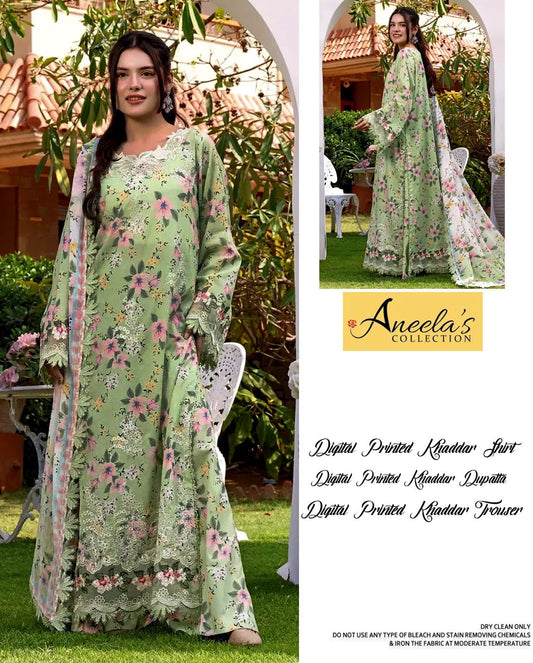 Aneela's Collection Bottle Green Digital Printed Khaddar 3 Piece Unstitched Suit - front view