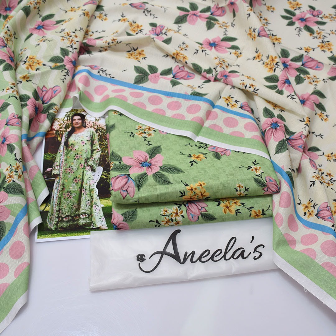 Aneela's Collection Bottle Green Digital Printed Khaddar 3 Piece Unstitched Suit - back view