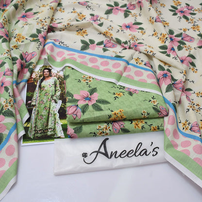 Aneela's Collection Bottle Green Digital Printed Khaddar 3 Piece Unstitched Suit - back view