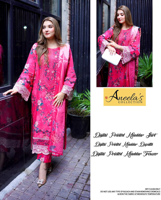 Aneela's Collection Hot Pink Magenta Digital Printed Khaddar 3 Piece Unstitched Suit - front view