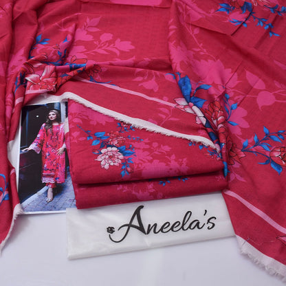 Aneela's Collection Hot Pink Magenta Digital Printed Khaddar 3 Piece Unstitched Suit - back view