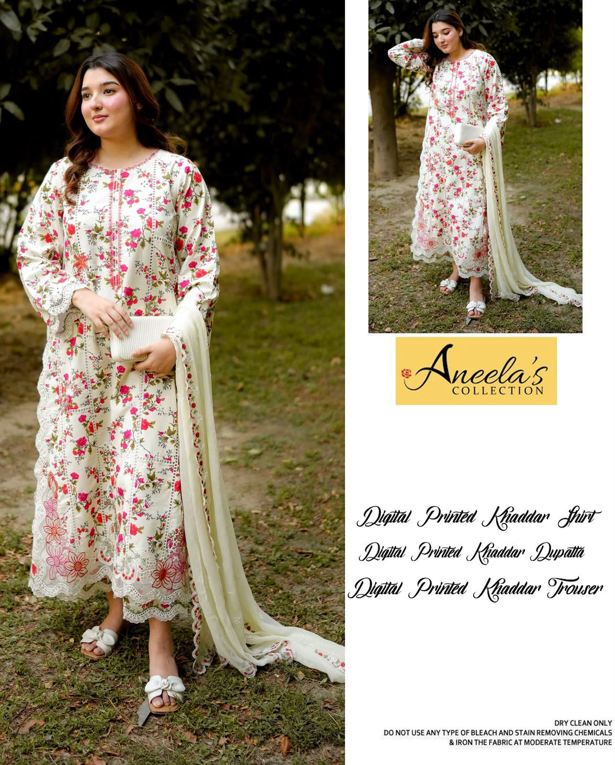 Aneela's Collection Ivory Blush Digital Printed Khaddar 3 Piece Unstitched Suit - front view