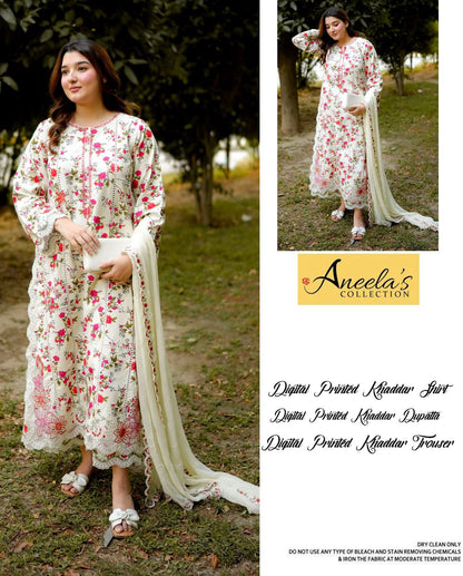 Aneela's Collection Ivory Blush Digital Printed Khaddar 3 Piece Unstitched Suit - front view